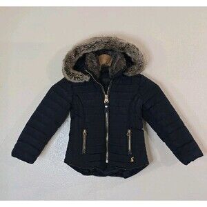 Joules Kids Navy Quilted Puffer Jacket Faux Fur Hood Size 4 Years
